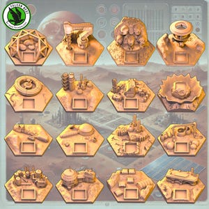 May include: A set of 12 hexagonal bases for miniature wargaming. Each base features a different sci-fi themed terrain piece, including a dome, a factory, and a crater. The bases are made of a light brown plastic and have a textured surface.