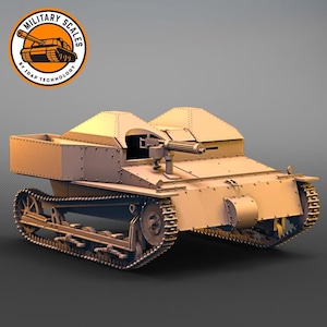 May include: A tan-colored, detailed model of a tracked armored vehicle with a machine gun mounted on top. The vehicle has a boxy design with two small, rounded turrets. The model is made by Military Scales 3D Technology.
