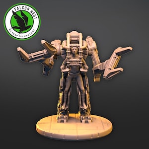 May include: A brown plastic miniature figure of a person in a robotic exoskeleton with two large articulated arms. The figure is standing on a round base with a grid pattern.