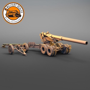 Puede incluir: Un modelo detallado de un cañón de artillería grande sobre un carro con ruedas. El cañón está hecho de metal y tiene un cañón largo. El carro tiene cuatro ruedas y está hecho de metal. El modelo está pintado de color marrón.
