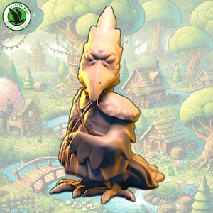 May include: A white, bird-like figurine with a long beak and a stern expression. The figurine is wearing a robe and has a textured, feathered design. The figurine is standing on a green, grassy surface with a small wooden bridge in the background.