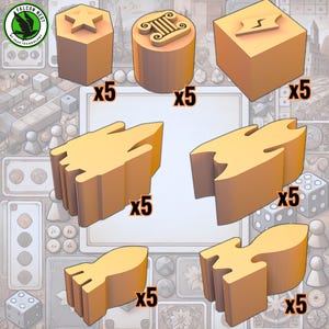 May include: Set of 30 wooden game pieces in various shapes and sizes. The pieces are in a light brown color and have a smooth finish. The pieces are labeled with the number "x5" to indicate the quantity of each shape.