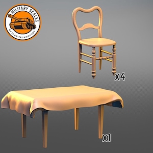 Peut inclure: Un ensemble de quatre chaises en bois et une table en bois avec une nappe beige. Les chaises ont un design simple avec un dossier incurvé et quatre pieds. La table a un plateau rectangulaire et quatre pieds. L'ensemble est parfait pour une salle à manger ou une cuisine.