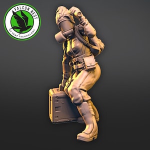 May include: A gray, detailed figurine of a person wearing a gas mask and carrying a briefcase. The figurine is posed in a crouched position, as if ready to move.