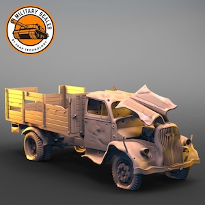 May include: A detailed model of a military truck, showcasing battle damage. The truck is tan with a wooden cargo bed. The hood is crumpled, and there are bullet holes. The logo "MILITARY SCALES" is in the upper left corner.