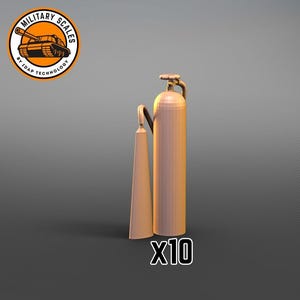 May include: A tan-coloured model of a tall, cylindrical object with a handle and a smaller, cone-shaped object. The image includes the text "X10" at the bottom and a logo for "Military Scales by 3DAP Technology" at the top.