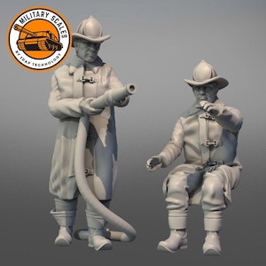 May include: Two unpainted plastic figurines of firefighters, one holding a hose and the other sitting down. The figurines are part of a set of military scales.