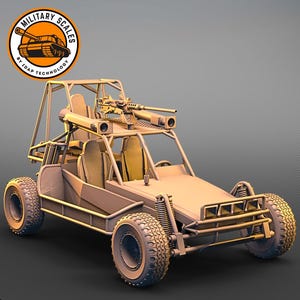 以下が含まれることがあります： グレーの背景に、ベージュ色のオープンホイールオフロード車、ロールケージ、搭載された機関銃。画像の左上隅には「Military Scales by IDGF Technology」のロゴがあります。