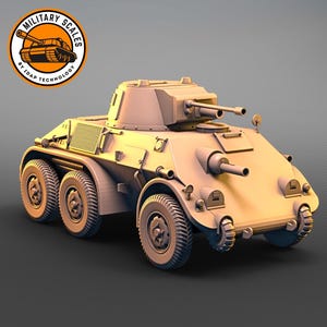 Puede incluir: Un modelo de coche blindado de color beige con una torreta giratoria y dos cañones. El coche tiene seis ruedas y está sobre un fondo gris.