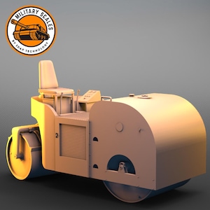 以下が含まれることがあります： 運転席と後ろに大きな丸いドラムが付いた、ベージュ色のシングルドラムローラー。ローラーは灰色の表面にあります。