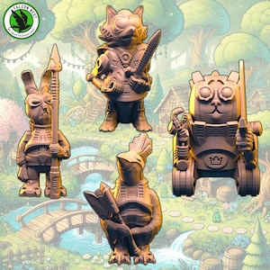 May include: Four detailed, 3D printed figurines of anthropomorphic animals in a fantasy setting. The figures are painted in a muted brown color and feature intricate details, including armor, weapons, and accessories. The figures are posed in a dynamic and engaging manner, suggesting a sense of action and adventure.