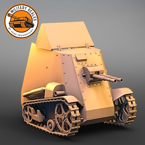 May include: A 3D printed model of a small, armoured tank with a triangular turret and two cannons. The tank is painted in a light brown colour and is sitting on a grey surface.