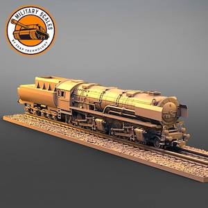 May include: A detailed model of a large steam locomotive, painted in a gold metallic finish. The locomotive is on a track and is ready to pull a train. The model is made by Military Scales.