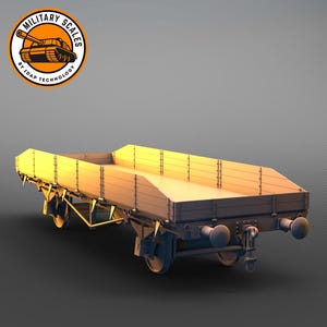 Puede incluir: Un vagón de ferrocarril de plataforma de madera con un bastidor y ruedas de metal. El vagón está vacío y listo para ser cargado.