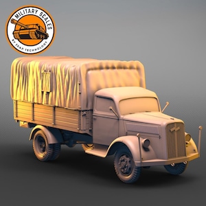 May include: A white military truck with a canvas tarp covering the bed. The truck has a large grill and headlights. The truck is on a gray background.