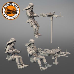 May include: Three gray plastic figures of people wearing robes and holding machine guns. The figures are posed in different positions, and the machine guns are detailed.