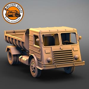 May include: A brown model of a dump truck with a raised bed. The truck has a cab with a windshield and a grille. The truck is on a gray background.