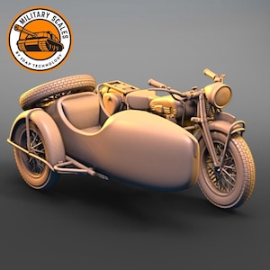 Könnte beinhalten: Ein braunes Motorrad mit Beiwagen. Das Motorrad hat ein großes Vorderrad und ein kleineres Hinterrad. Der Beiwagen ist an der rechten Seite des Motorrads befestigt. Motorrad und Beiwagen sind beide aus Metall.