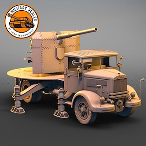 May include: A model of a military truck with a large cannon mounted on the back. The truck is painted in a light brown color and has a detailed design. The cannon is pointed forward and has a black barrel. The truck is on a turntable and has four wheels. The truck is on a gray background.