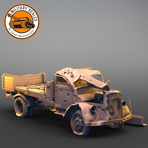 May include: A weathered, grey, military truck with a flatbed and a damaged cab. The truck has bullet holes in the cab and the windscreen is shattered. The truck is sitting on a grey background.