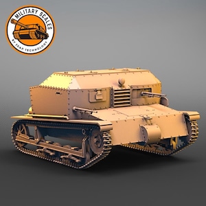 May include: A tan-coloured model of a military tank with a detailed design. The tank has a large, boxy turret and a long, thin barrel. The model is made of plastic and is about 1/35 scale.