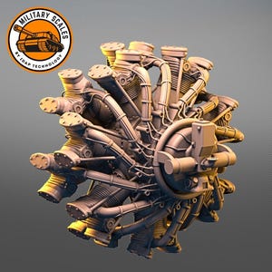 May include: A detailed model of a radial engine, a type of aircraft engine with cylinders arranged in a circle around a central crankshaft. The model is made of a light brown material and has a realistic appearance.