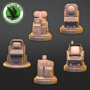 May include: Five 3D printed miniature computer terminals, each with a different design, on a gray background. The terminals are all in a light brown color and have a futuristic aesthetic.
