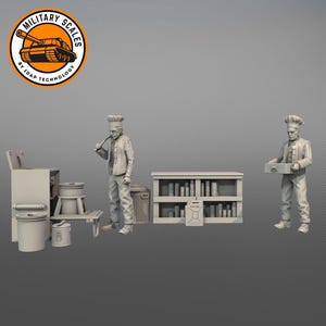 May include: Two miniature figures of chefs, one holding a ladle and the other holding a tray, standing in front of a miniature kitchen set with a stove, cabinets, and shelves.