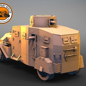 May include: A tan-colored armored car model with a rotating turret on top. The car has a large, rectangular body with several small windows and a door on the side. The car is on a gray background.