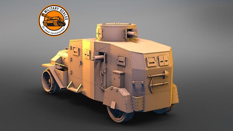 May include: A tan-colored armored car model with a rotating turret on top. The car has a large, rectangular body with several small windows and a door on the side. The car is on a gray background.