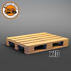 May include: A set of ten wooden pallets, each measuring approximately 4 inches by 6 inches. The pallets are made of light brown wood and have a realistic texture. The image includes the text "x10".