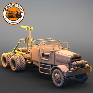 May include: A detailed model of a military vehicle with a large crane arm, four wheels, and a cab with a windshield. The model is made of a light brown plastic and is in a neutral pose.