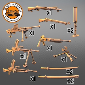Può includere: Una collezione di armi ed equipaggiamenti militari in miniatura, tra cui una mitragliatrice, un mortaio, un fucile e una spada. Le armi sono in metallo e sono dipinte di colore marrone. Il testo "Military Scales by 10mm Technology" è visibile nell'angolo in alto a sinistra dell'immagine.