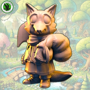 May include: A light brown fox figurine wearing a scarf and carrying a sack. The figurine is standing on a green and brown background.