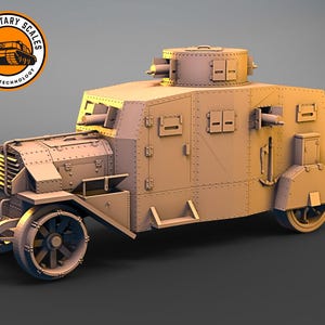 May include: A detailed model of a beige armored car with a rotating turret on top. The car has a large, rectangular body with a rounded front and a flat back. The turret is equipped with a machine gun. The model is made of plastic and is approximately 1/35 scale.