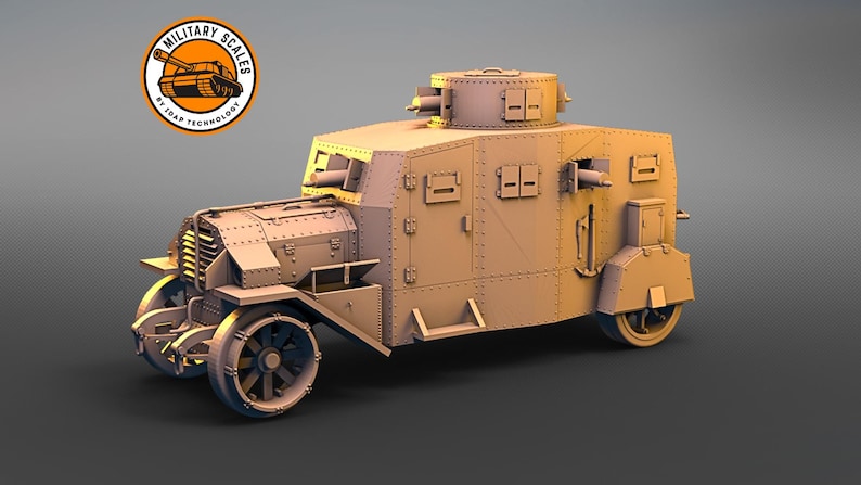 May include: A detailed model of a beige armored car with a rotating turret on top. The car has a large, rectangular body with a rounded front and a flat back. The turret is equipped with a machine gun. The model is made of plastic and is approximately 1/35 scale.