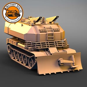 May include: A tan-colored military vehicle with a large plow on the front. The vehicle has a ladder on the side and a cage on the top. The vehicle is on a gray background.