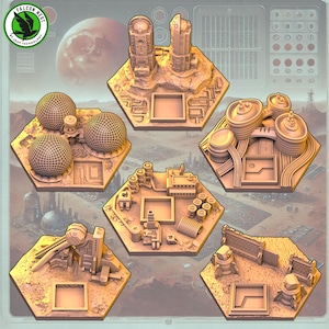 Peut inclure: Six tuiles de jeu hexagonales représentant différentes villes futuristes. Chaque tuile a un espace carré central pour les pièces de jeu et est faite d'un matériau brun clair.