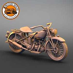 Peut inclure: Modèle de moto brune avec side-car, au design détaillé et à l'aspect classique. La moto possède un pot d'échappement chromé et une selle noire.