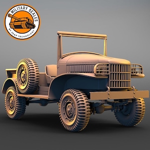 Puede incluir: Un jeep marrón de estilo militar con una parrilla negra y una capota de lona. El jeep tiene cuatro neumáticos grandes y una rueda de repuesto montada en la parte trasera.