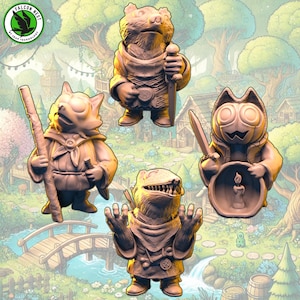 May include: Four hand-painted figurines of anthropomorphic animals. Each figurine is wearing clothing and holding an object. The figurines are painted in shades of brown and beige.