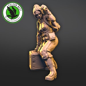 May include: A gray, detailed figurine of a woman wearing a jumpsuit and holding a flashlight. She is standing on a box with a textured surface.
