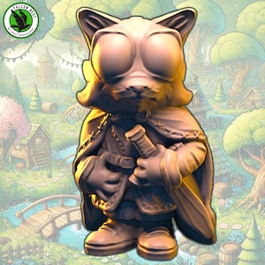 May include: A detailed figurine of a cat-like character wearing a cloak and holding a bottle. The figure is in a standing pose, with large eyes and a detailed outfit. The background features a cartoonish landscape with trees and buildings.
