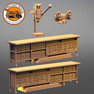 May include: Two wooden workbenches with drawers and shelves, a drill press, and a bench grinder. The workbenches are brown and have a metal frame. The drill press is silver and has a black handle. The bench grinder is silver and has a black base. The workbenches are labeled "Military Scales by IDGF Technology".