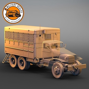 May include: A tan-colored military truck with a caged cargo bed. The truck has a large, flat bed with a metal cage on the back. The truck is on a gray background.