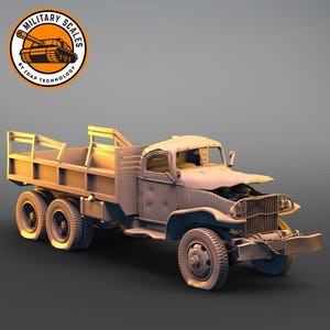 May include: A weathered, grey, military-style dump truck with a raised bed. The truck has a large, open cab with a damaged front grille. The truck is on a grey background.