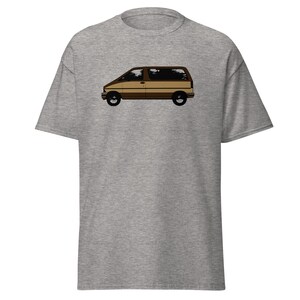 May include: A grey t-shirt featuring a brown and beige illustration of a vintage van.