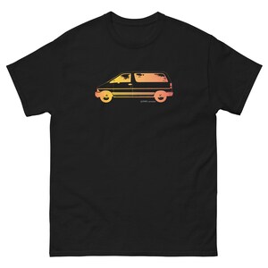 May include: A black t-shirt featuring a sunset-coloured silhouette of a vintage van. The van is facing right and has a simple design.
