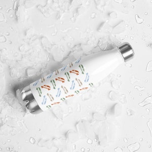 May include: A white stainless steel water bottle with a repeating pattern of colourful cars. The bottle is on a white background with ice.