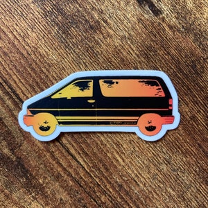 May include: A black and orange sticker of a vintage van with a sunset gradient. The van has a white outline and the text "to PIRL, sometimes" is printed on the bottom.